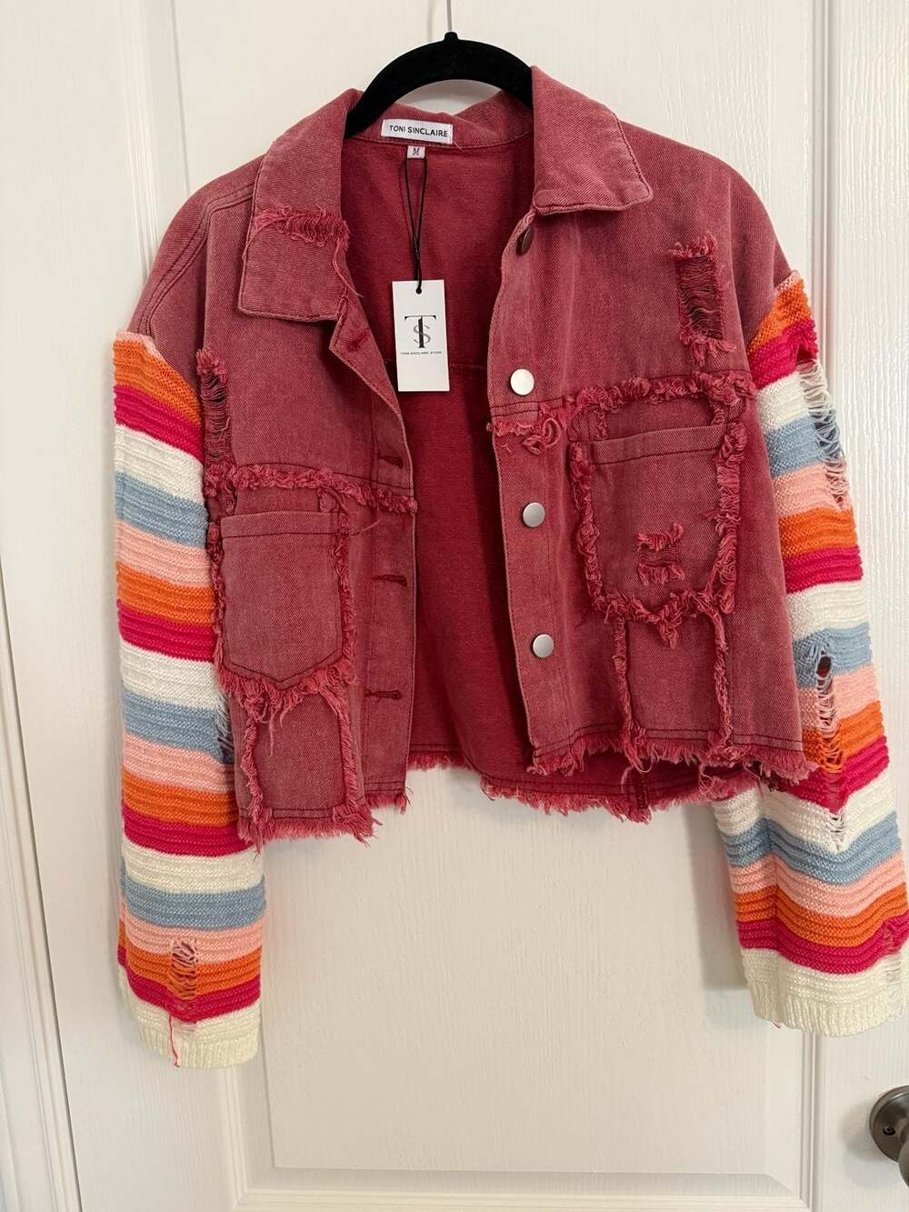Toni Sinclaire rainbow knit sleeve distressed denim jacket cropped M NWT